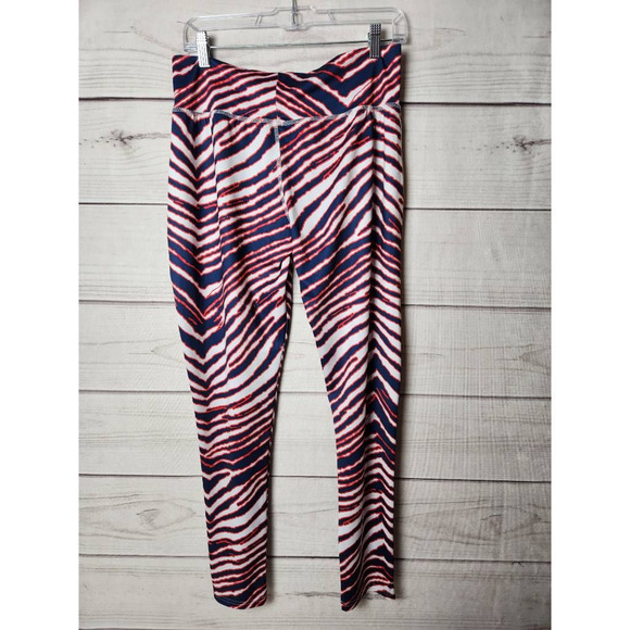 New England Patriots Majestic Women Leggings Blue Red Zebra Print Stretch Pant L - Picture 2 of 7